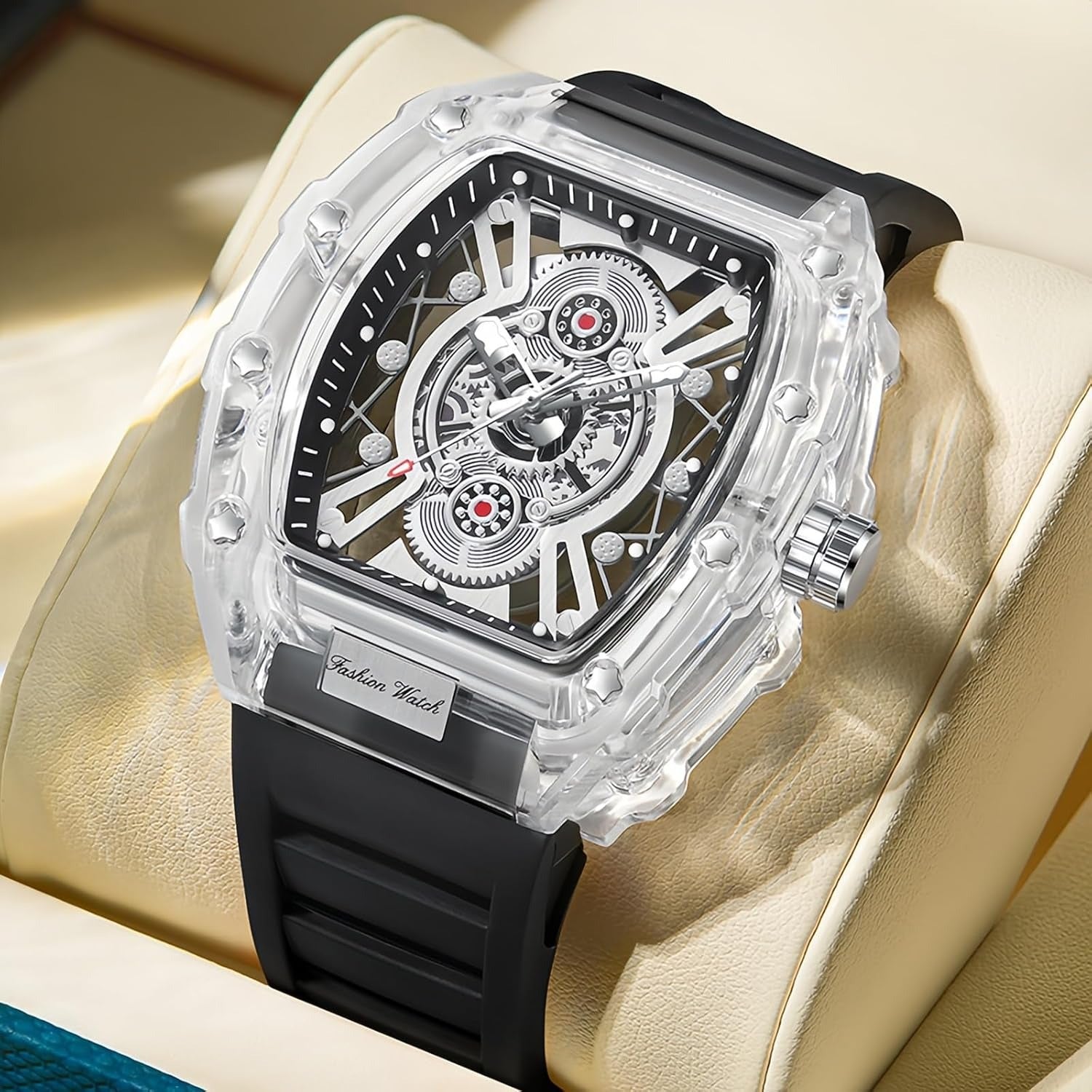 Fashion Hollowed Men Watches Tonneau Transparent Analog Display Silicone Strap Calendar Quartz Waterproof Trend Male Wrist Watch